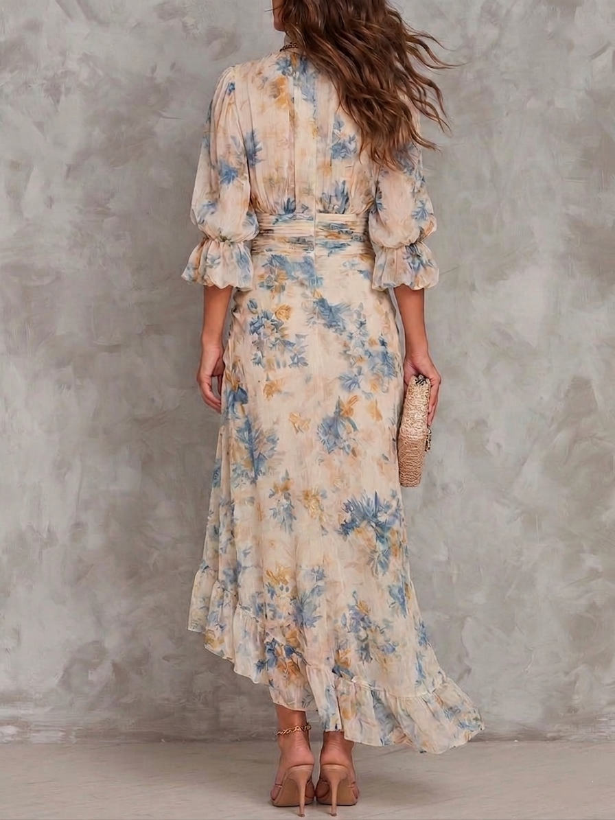 Beige Turtleneck Oil Painting Floral Print Asymmetric Chiffon Maxi Dress