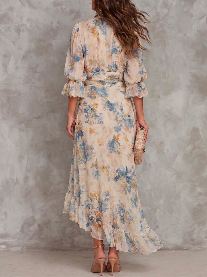 Beige Turtleneck Oil Painting Floral Print Asymmetric Chiffon Maxi Dress