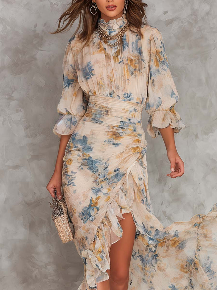 Beige Turtleneck Oil Painting Floral Print Asymmetric Chiffon Maxi Dress