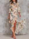 Beige Turtleneck Oil Painting Floral Print Asymmetric Chiffon Maxi Dress