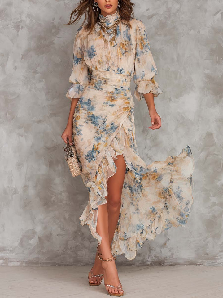 Beige Turtleneck Oil Painting Floral Print Asymmetric Chiffon Maxi Dress