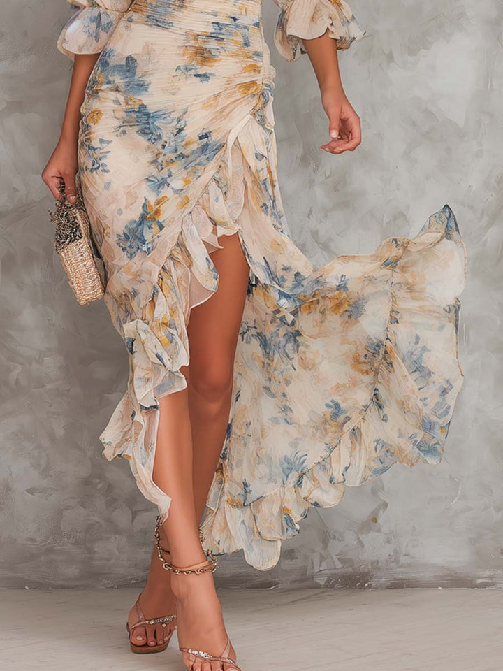 Beige Turtleneck Oil Painting Floral Print Asymmetric Chiffon Maxi Dress